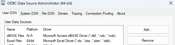User DSN Tab in ODBC Admin