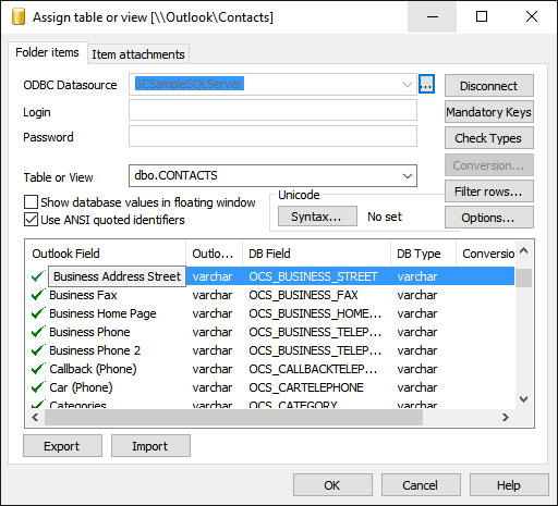 Outlook to DB columns mapping
